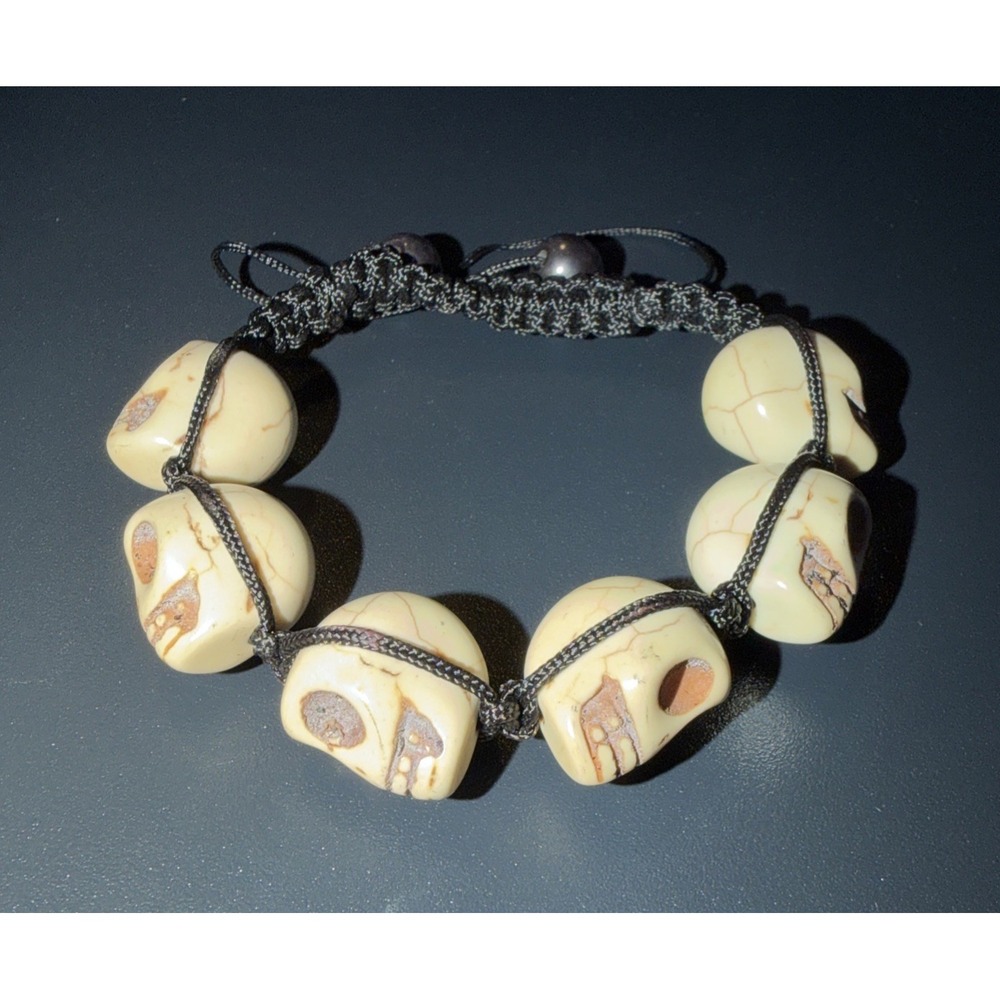 New Skull Bead Adjustable Bracelet White Skull Beads Black Braided Cord Gothic